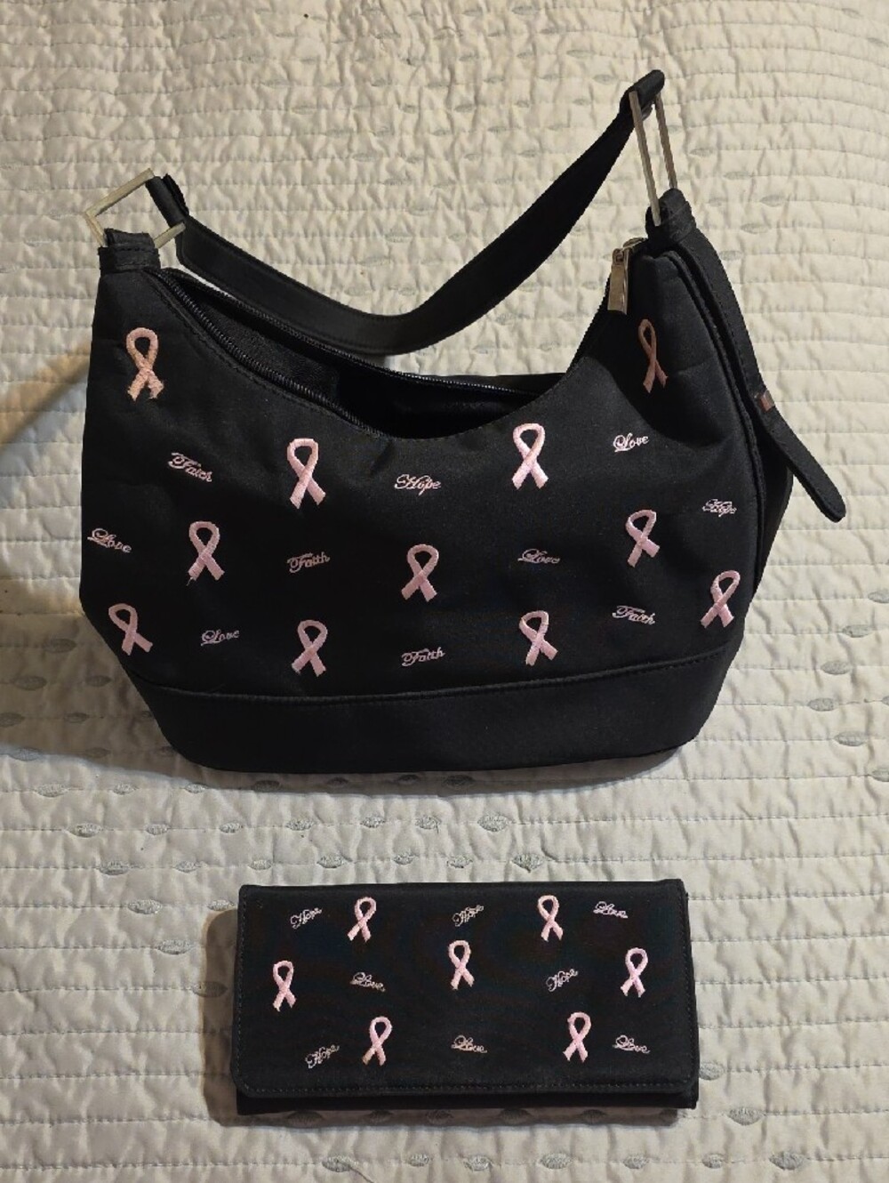 Breast Cancer Black Shoulder Bag With Wallet has Pink Ribbon Embroidery